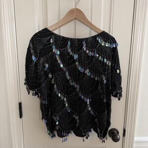 Vintage Shomax 100% Silk Irridescent Beaded Sequin Party Top Women’s Size Medium